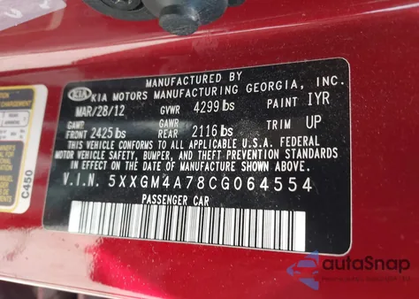 2012 Kia Optima Lx из США, поврежденный, VIN 5XXGM4A78CG064554